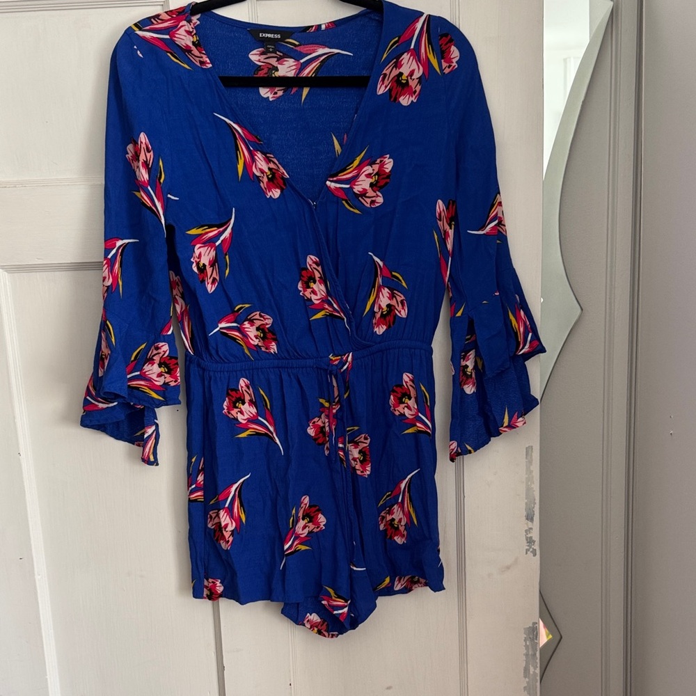Express Bright Blue Floral Romper with Pink Accents